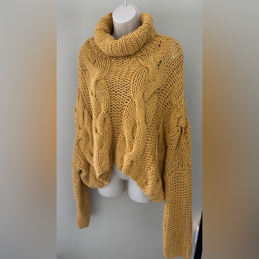 POL Mustard Cable Knit Turtleneck Sweater